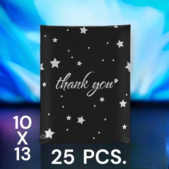 25 10X13 Poly Mailers Black & Silver Stars Thank You Flat Mailers PRICE IS FIRM - Picture 4 of 7